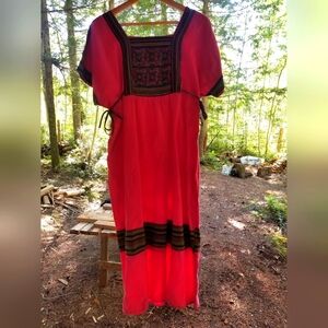 Summer Dress Red Embroidered Maxi Short Sleeve Square Neck Thailand Cotton Med